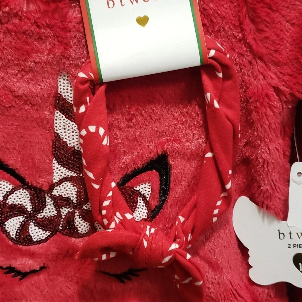 Btween 2-piece Holiday Plush Top with Unicorn and Candy Cane Print Leggings